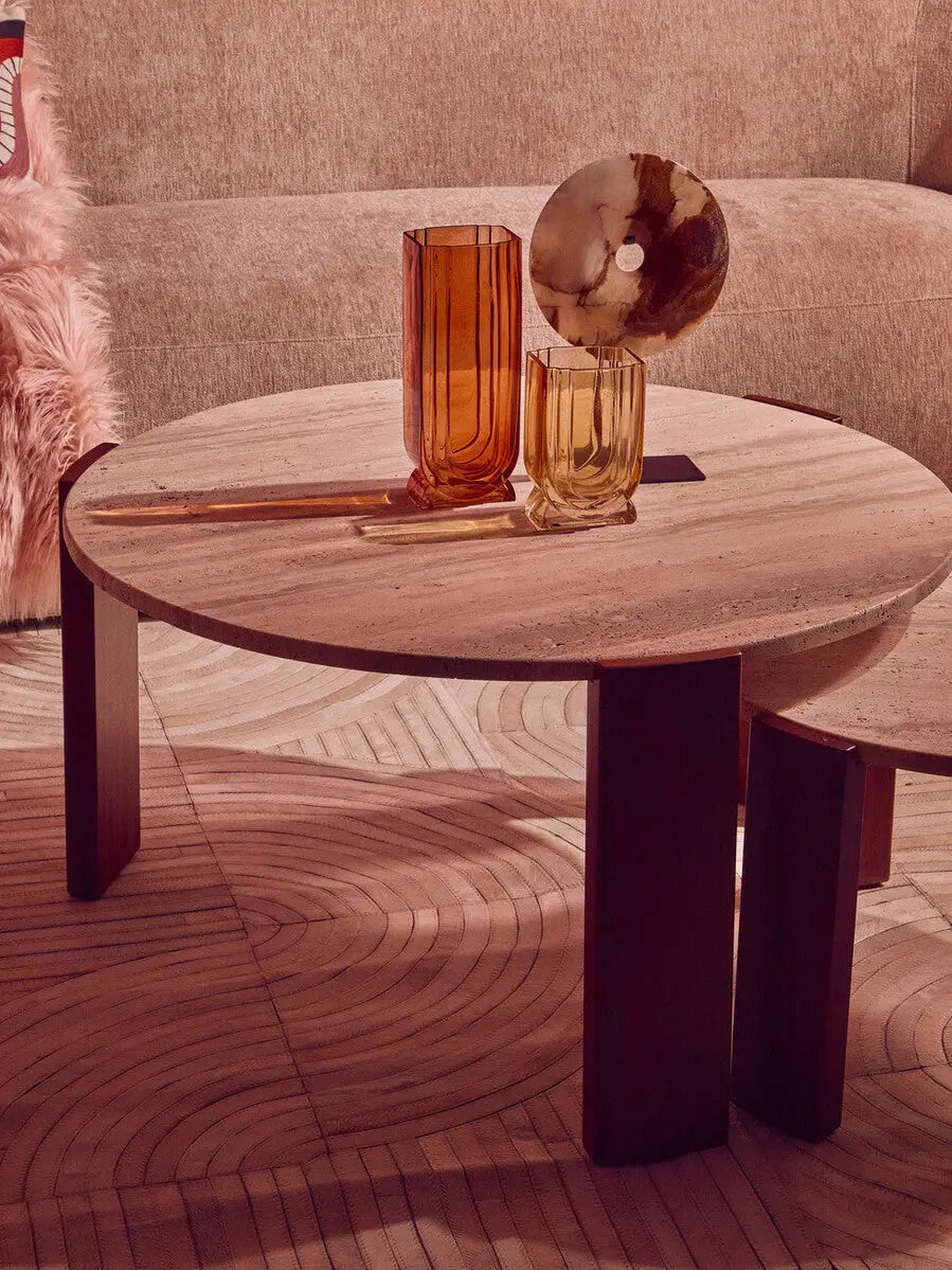 Cream Travertine Top Small Round Coffee Table with Natural Brown Acacia Wood Legs, Palermo