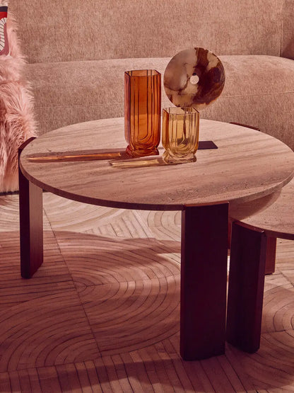 Cream Travertine Top Small Round Coffee Table with Natural Brown Acacia Wood Legs, Palermo
