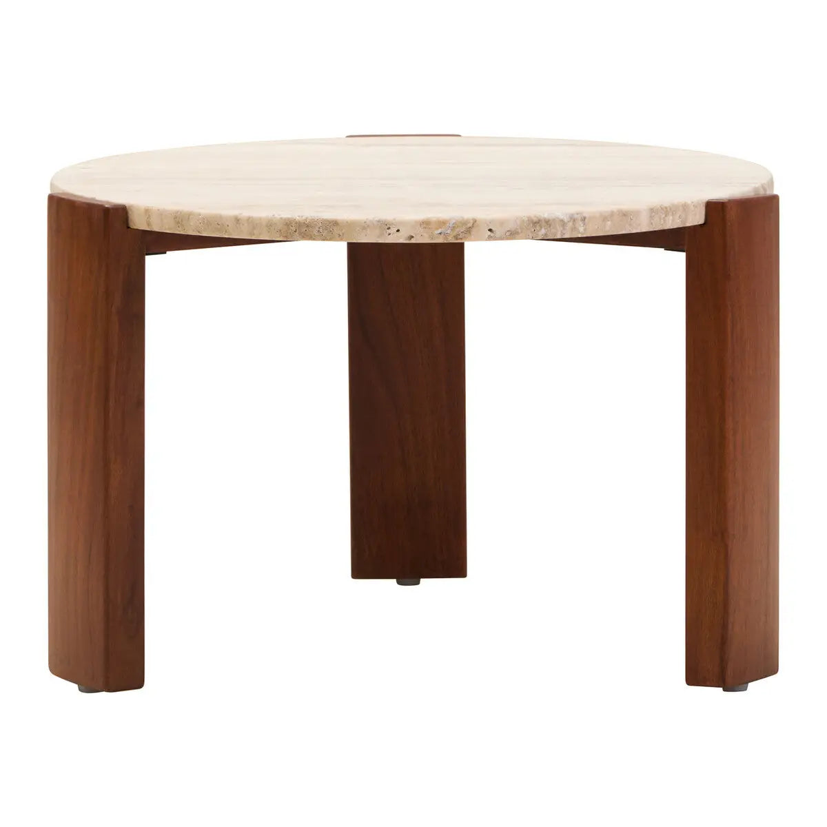 Cream Travertine Top Small Round Coffee Table with Natural Brown Acacia Wood Legs, Palermo
