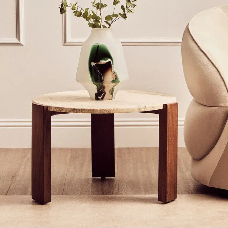 Cream Travertine Top Small Round Coffee Table with Natural Brown Acacia Wood Legs, Palermo