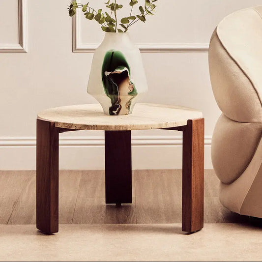 Cream Travertine Top Small Round Coffee Table with Natural Brown Acacia Wood Legs, Palermo