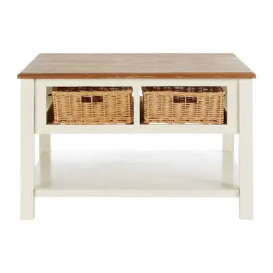 Cream Wood Coffee Table with 2 Rattan Storage Baskets, Dorset