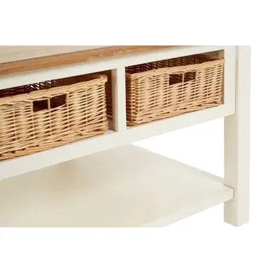 Cream Wood Coffee Table with 2 Rattan Storage Baskets, Dorset