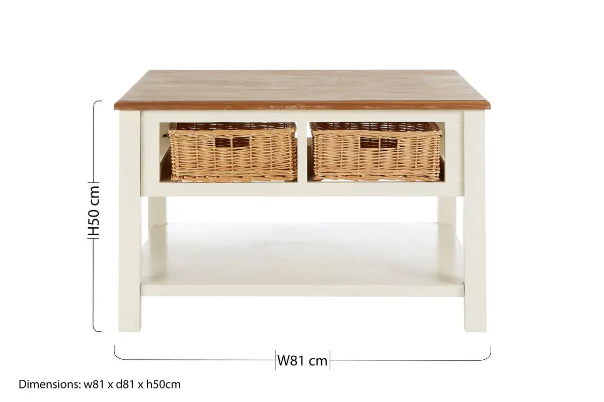 Cream Wood Coffee Table with 2 Rattan Storage Baskets, Dorset