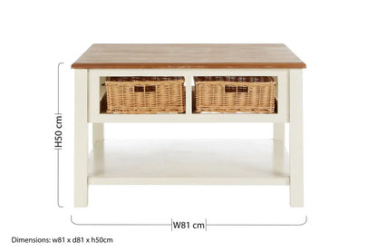 Cream Wood Coffee Table with 2 Rattan Storage Baskets, Dorset