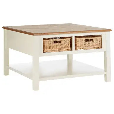 Cream Wood Coffee Table with 2 Rattan Storage Baskets, Dorset