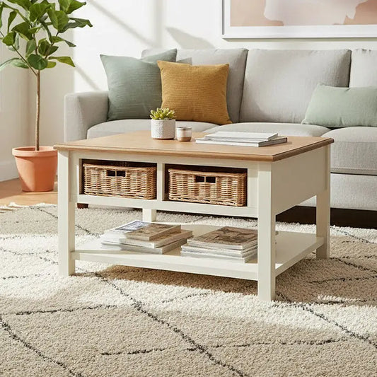 Cream Wood Coffee Table with 2 Rattan Storage Baskets, Dorset