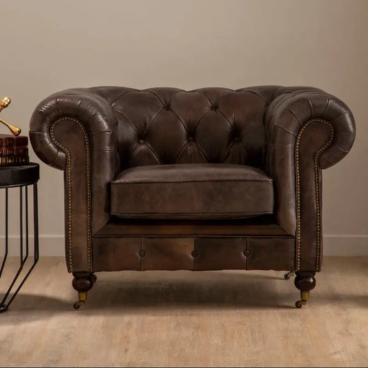 Dark Grey Brown Leather Chesterfield Chair | Victor