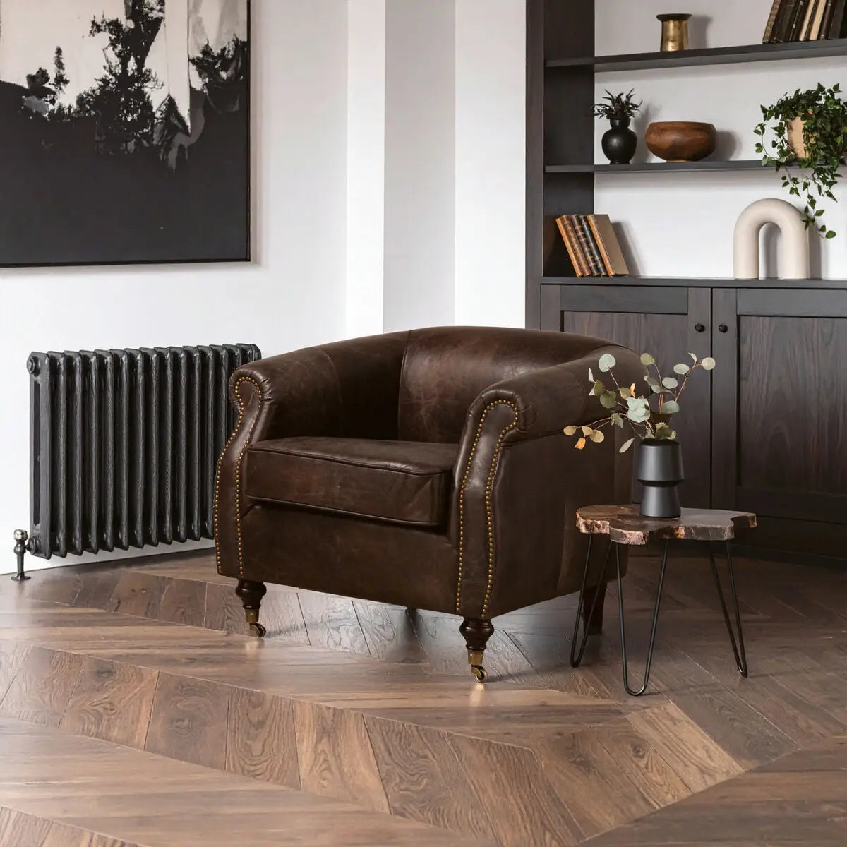 Dark Grey Brown Leather Curved Armchair | Victor