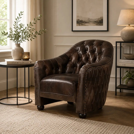 Dark Grey Brown Leather Tub Chair – Compact Accent Chair for Modern Interiors