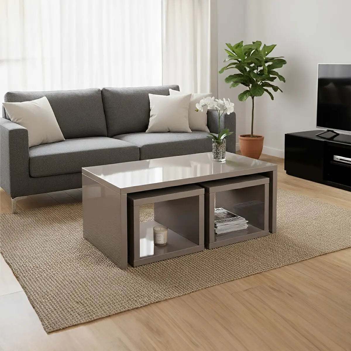 Dark Grey High Gloss Wood Coffee Table with 2 Under Tables, Madrid