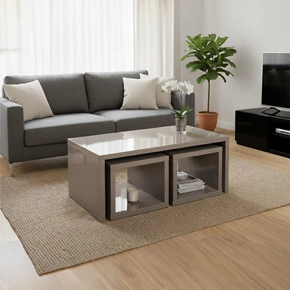 Dark Grey High Gloss Wood Coffee Table with 2 Under Tables, Madrid