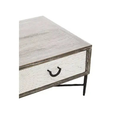 Dark Mud Grey Recycled Elm Wood Coffee Table with Two Storage Drawers and Metal Frame, Milan