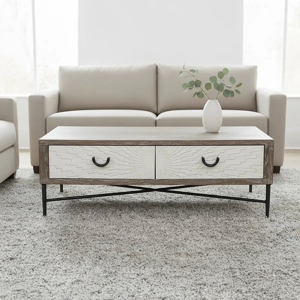 Dark Mud Grey Recycled Elm Wood Coffee Table with Two Storage Drawers and Metal Frame, Milan