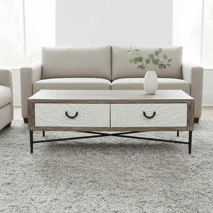 Dark Mud Grey Recycled Elm Wood Coffee Table with Two Storage Drawers and Metal Frame, Milan