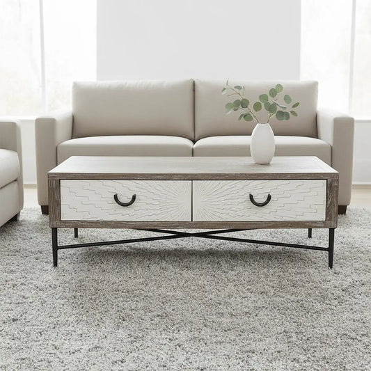 Dark Mud Grey Recycled Elm Wood Coffee Table with Two Storage Drawers and Metal Frame, Milan