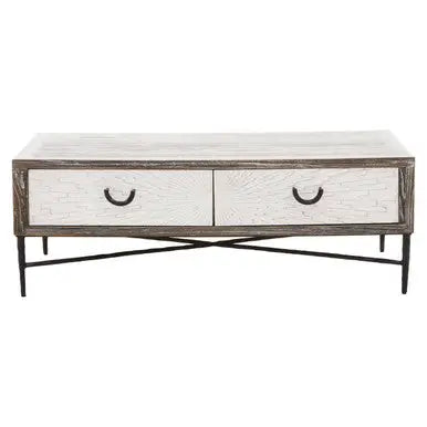 Dark Mud Grey Recycled Elm Wood Coffee Table with Two Storage Drawers and Metal Frame, Milan