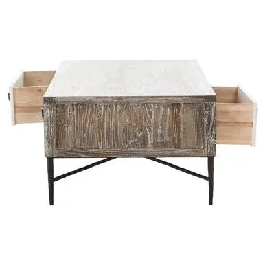 Dark Mud Grey Recycled Elm Wood Coffee Table with Two Storage Drawers and Metal Frame, Milan
