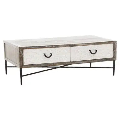 Dark Mud Grey Recycled Elm Wood Coffee Table with Two Storage Drawers and Metal Frame, Milan