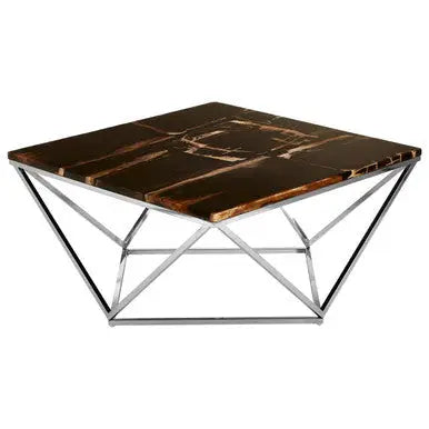 Dark Petrified Wood Top Coffee Table with Prominent Graining and Silver Stainless Steel Frame, Relic