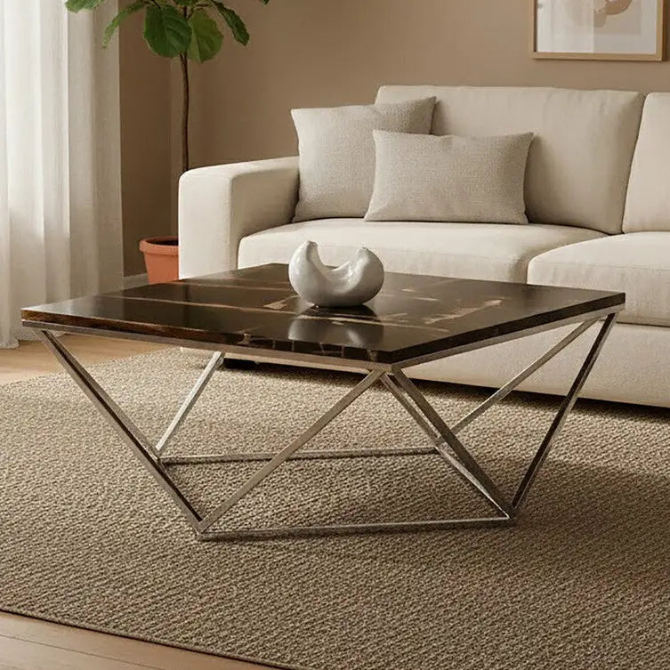 Dark Petrified Wood Top Coffee Table with Prominent Graining and Silver Stainless Steel Frame, Relic