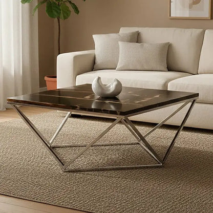 Dark Petrified Wood Top Coffee Table with Prominent Graining and Silver Stainless Steel Frame, Relic