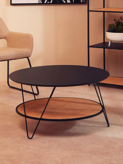 Depok Natural Rattan and Black Finish Metal 2 Tier Coffee Table