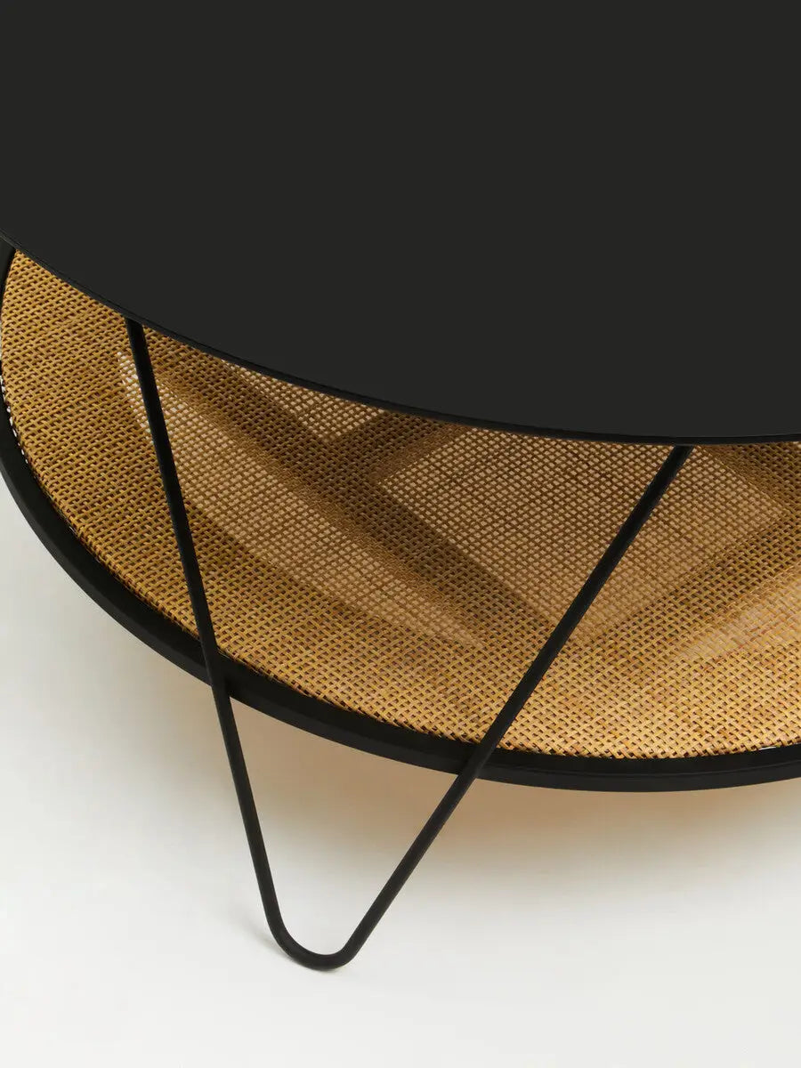 Depok Natural Rattan and Black Finish Metal 2 Tier Coffee Table