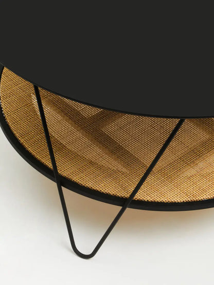 Depok Natural Rattan and Black Finish Metal 2 Tier Coffee Table