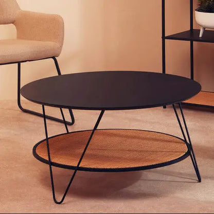 Depok Natural Rattan and Black Finish Metal 2 Tier Coffee Table