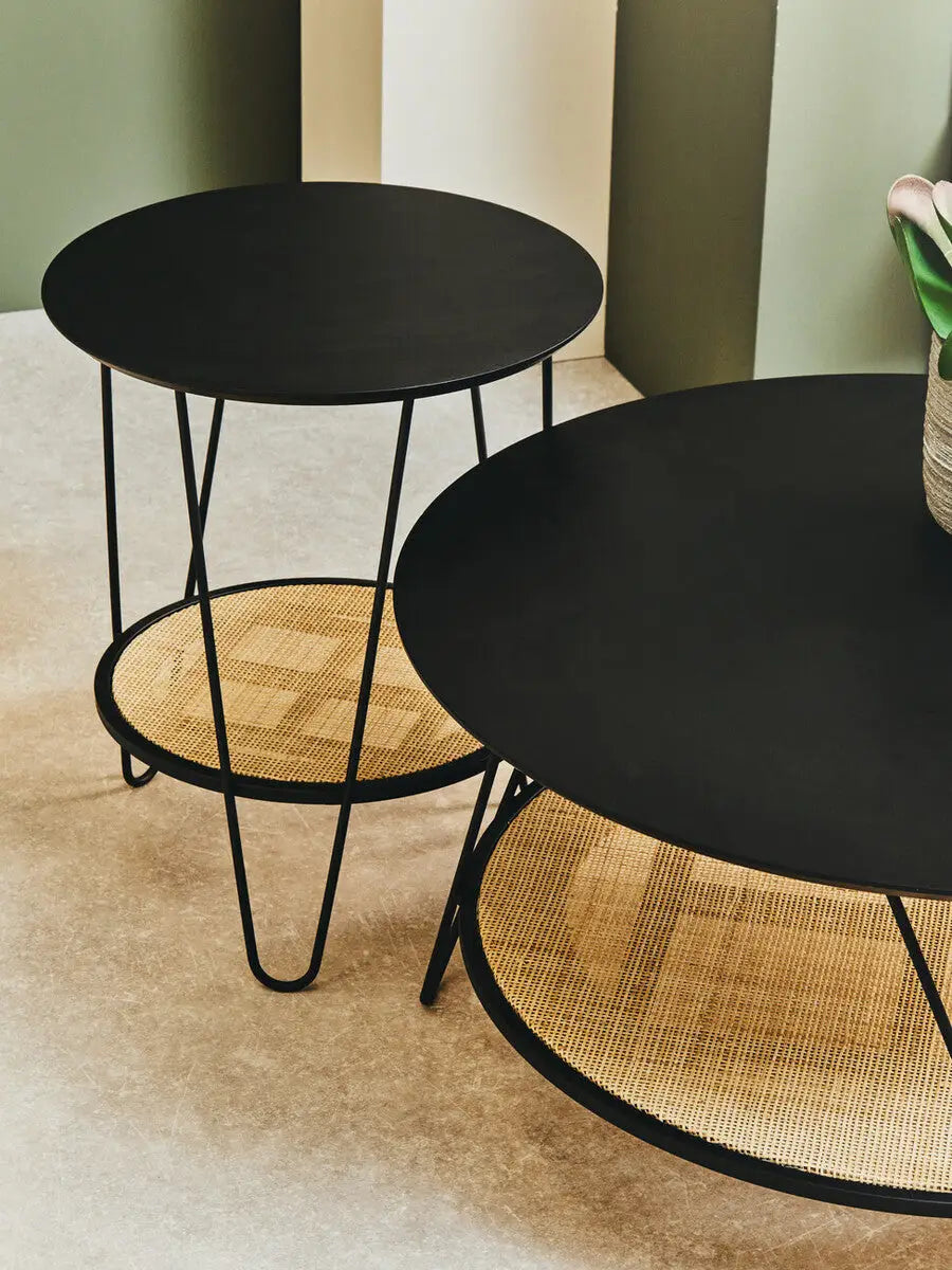 Depok Natural Rattan and Black Finish Metal 2 Tier Coffee Table