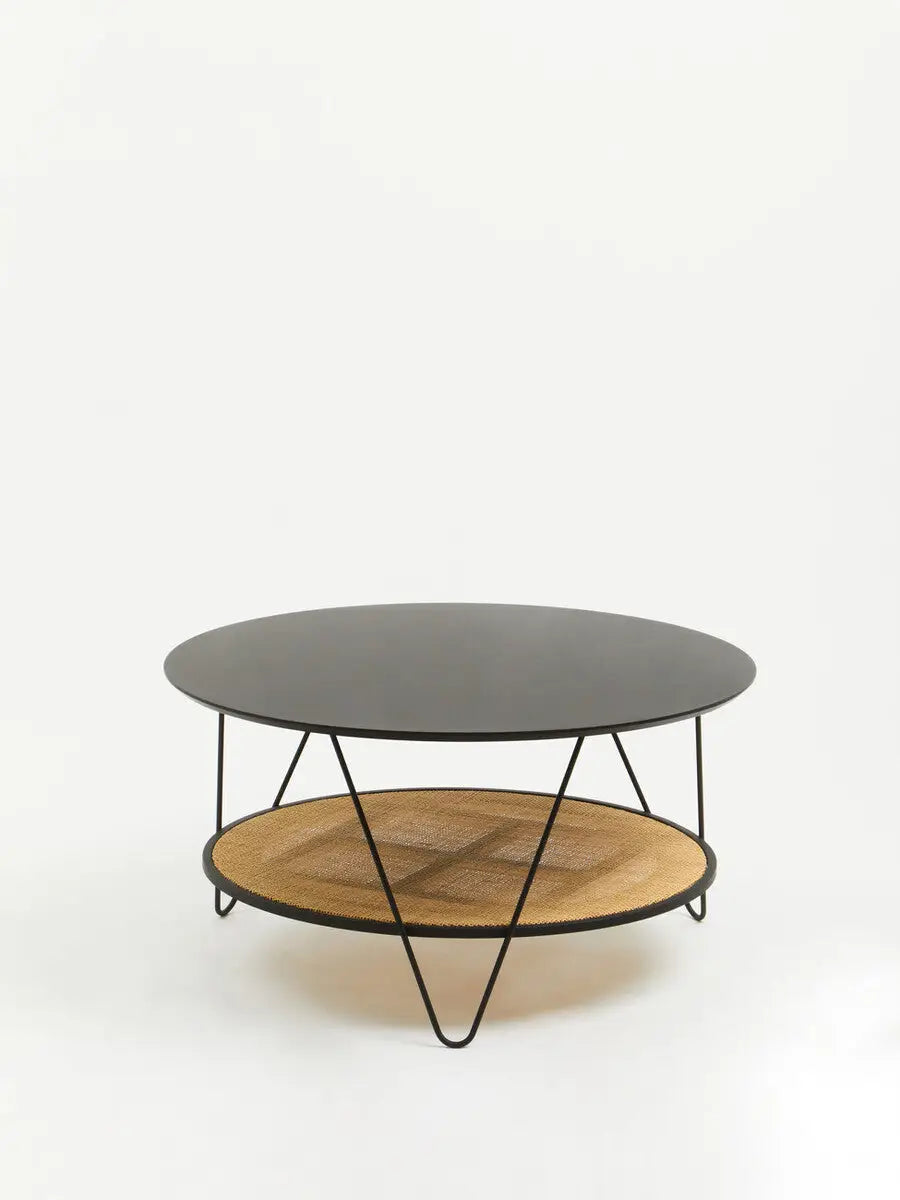 Depok Natural Rattan and Black Finish Metal 2 Tier Coffee Table