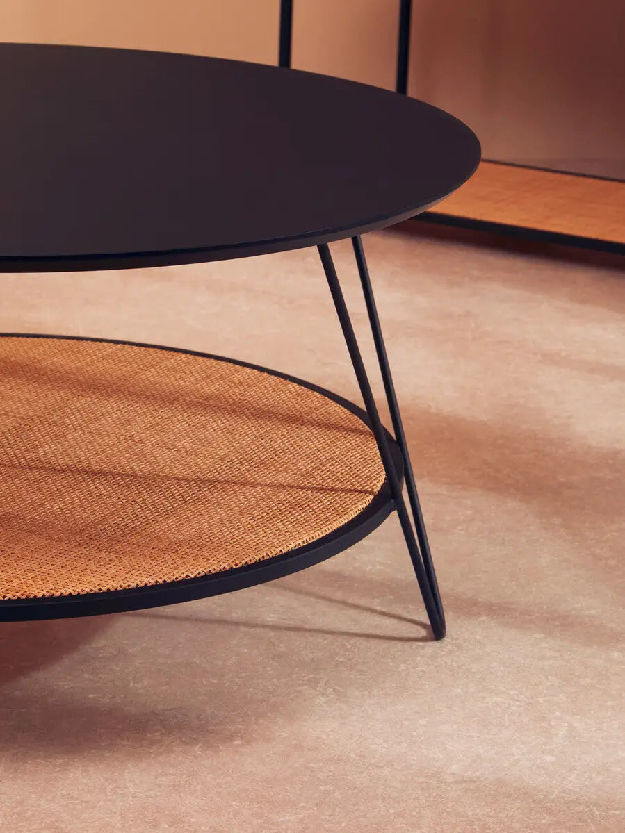 Depok Natural Rattan and Black Finish Metal 2 Tier Coffee Table
