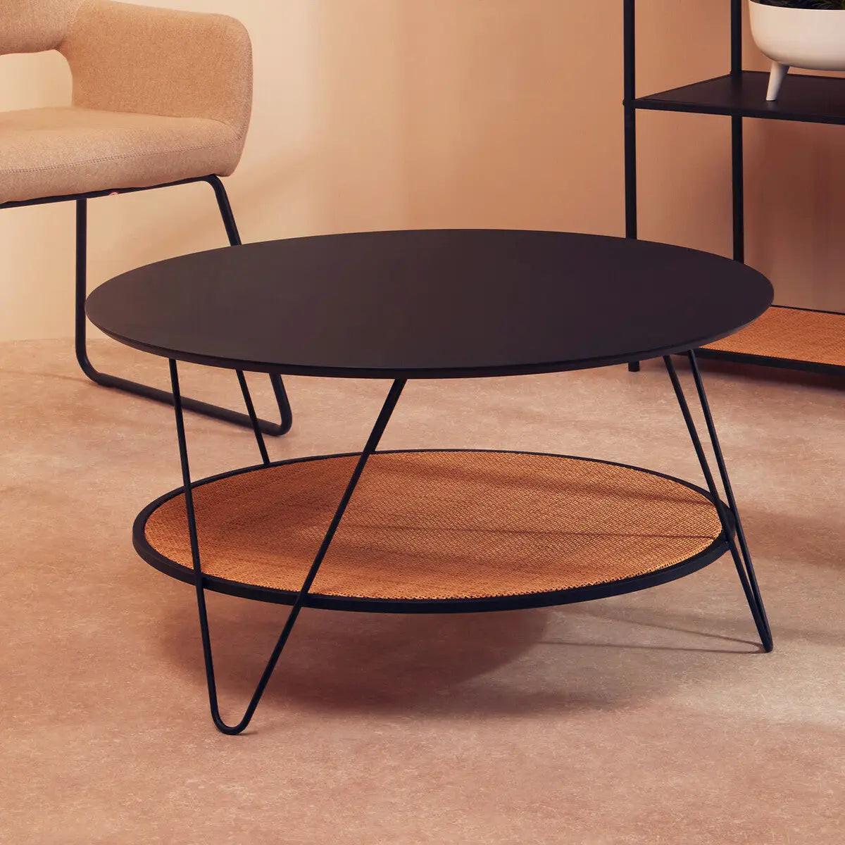 Depok Natural Rattan and Black Finish Metal 2 Tier Coffee Table