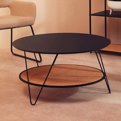 Depok Natural Rattan and Black Finish Metal 2 Tier Coffee Table