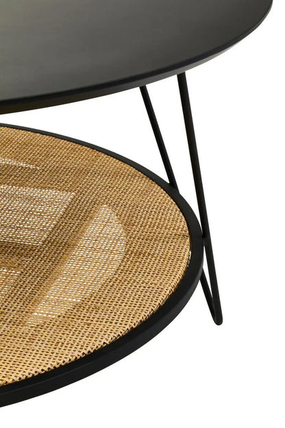 Depok Natural Rattan and Black Finish Metal 2 Tier Coffee Table