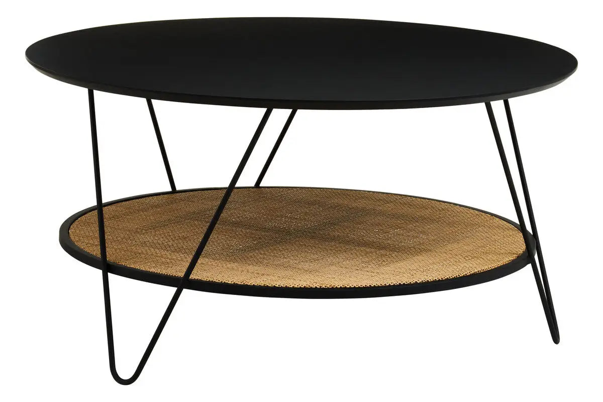 Depok Natural Rattan and Black Finish Metal 2 Tier Coffee Table