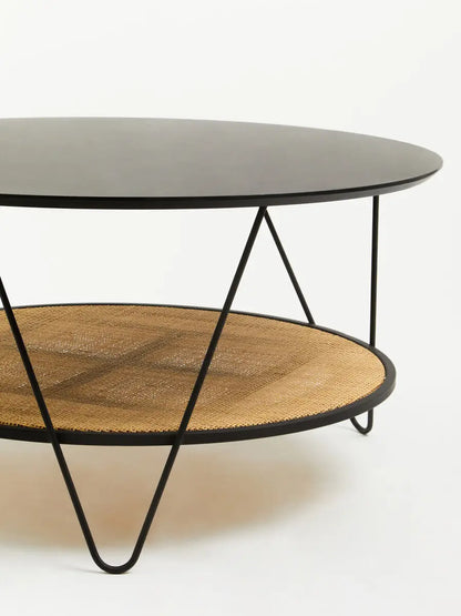 Depok Natural Rattan and Black Finish Metal 2 Tier Coffee Table