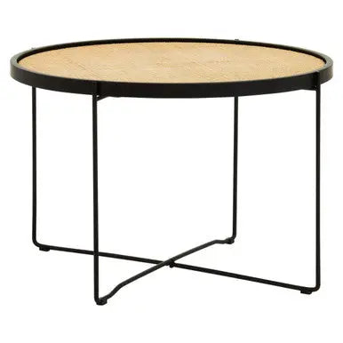 Depok Natural Rattan and Black Finish Metal Round Coffee Table