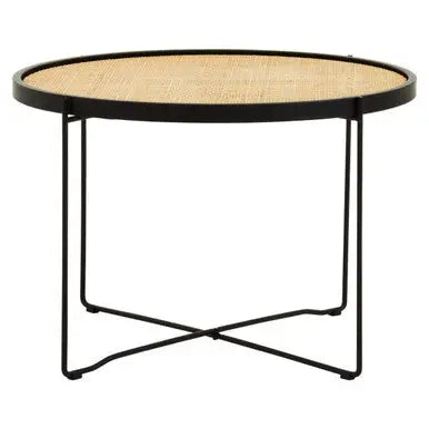 Depok Natural Rattan and Black Finish Metal Round Coffee Table