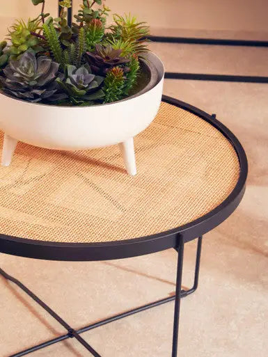 Depok Natural Rattan and Black Finish Metal Round Coffee Table