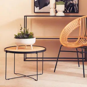 Depok Natural Rattan and Black Finish Metal Round Coffee Table