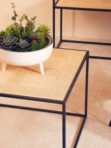 Depok Natural Rattan and Black Finish Metal Square Coffee Table