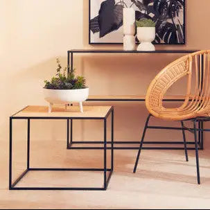 Depok Natural Rattan and Black Finish Metal Square Coffee Table
