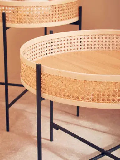 Depok Natural Rattan Tray Coffee Table with Black Finish Metal Base