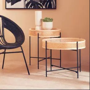 Depok Natural Rattan Tray Coffee Table with Black Finish Metal Base