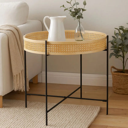 Depok Natural Rattan Tray Coffee Table with Black Finish Metal Base