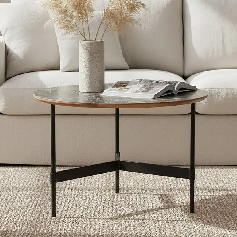 Doha Grey Slate Top Round Coffee Table with Metal Base