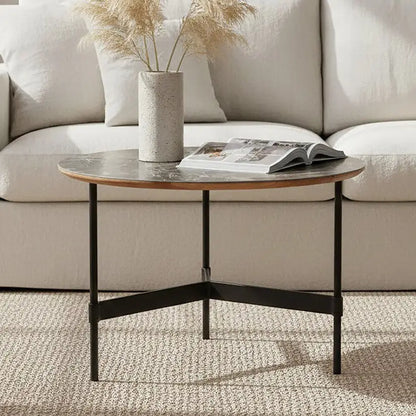 Doha Grey Slate Top Round Coffee Table with Metal Base