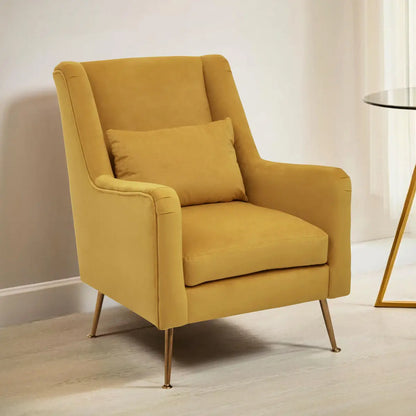 Doucet Yellow Velvet Chair with Gold Finish Angular Legs